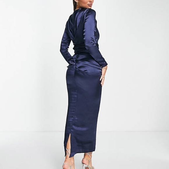 ASOS DESIGN Satin high drape neck maxi dress with long sleeves in navy - Picture 2 of 5